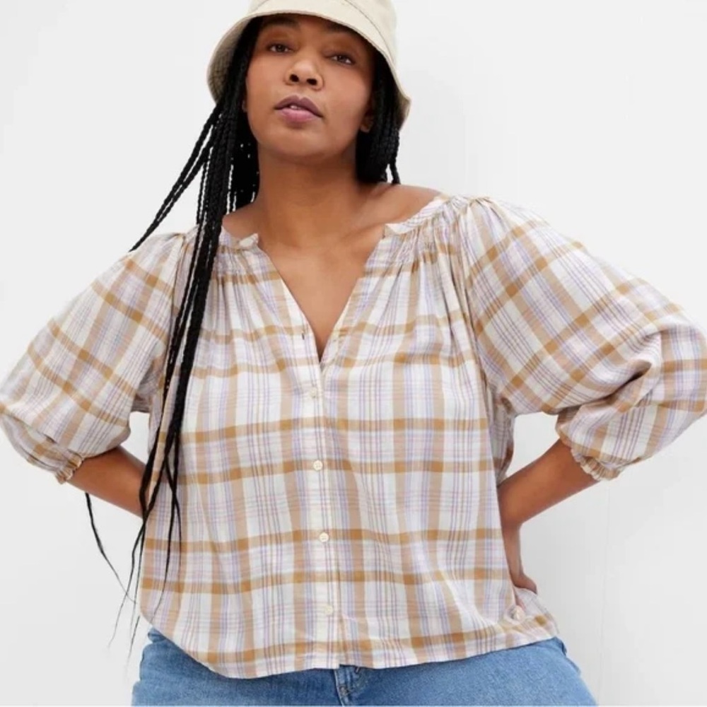 Gap Khaki Plaid Button Down Top